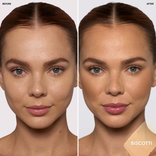 Före- och efterbilder som visar hudförbättring och makeup på en kvinnas ansikte.