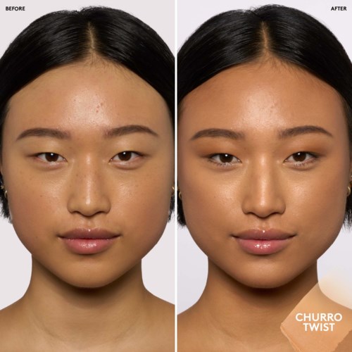 Bilder visar en kvinnas ansikte före och efter en kosmetisk behandling som heter Churro Twist. Hennes hud ser klarare och mer glödande ut efter.