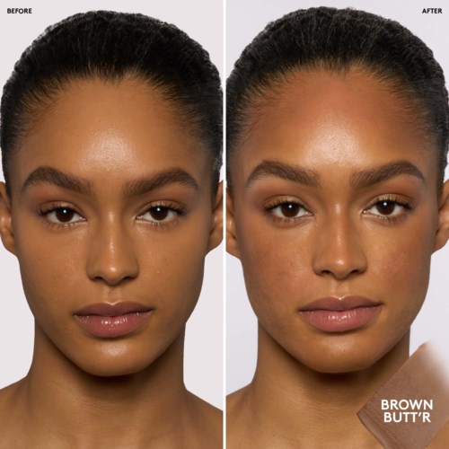 Jämförelse av kvinna före och efter makeup, huden ser mer slät ut och ögonbrynen är mer definierade.