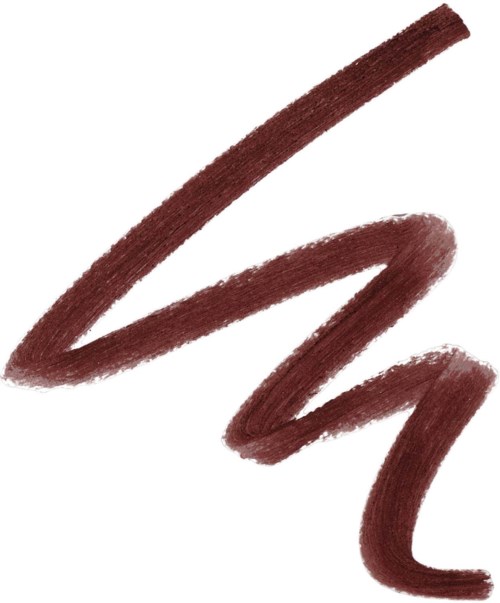A curved, brownish-red makeup or eye pencil stroke on a white background.