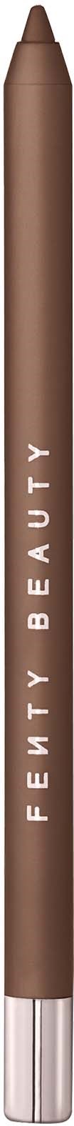 A brown Fenty Beauty makeup pencil with silver bottom cap, standing vertically against a black background.