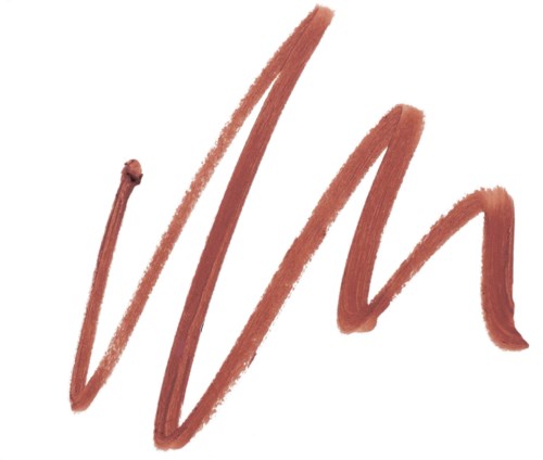 A brown lipstick stroke drawn on white, with a thicker, darker section at the top.