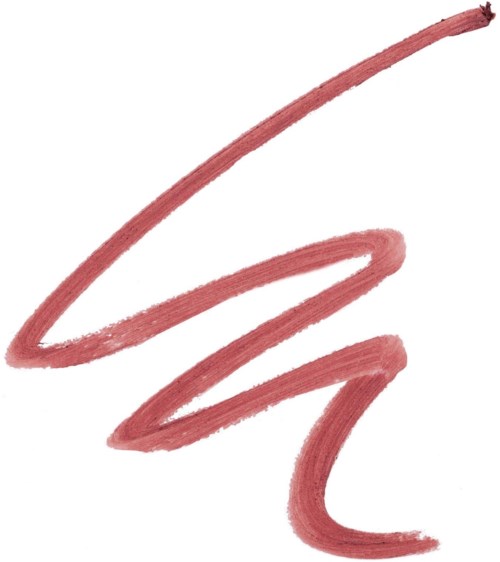 A thick, red lipstick stroke drawn in a curved, abstract style on a white background.