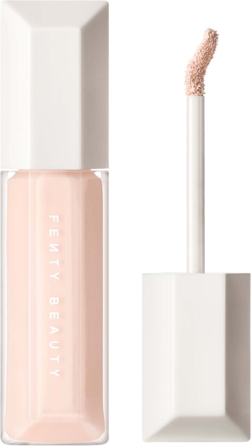 Läppstift med vit lock och ljusrosa glans, märkt 'Fenty Beauty', med borsten borttagen.