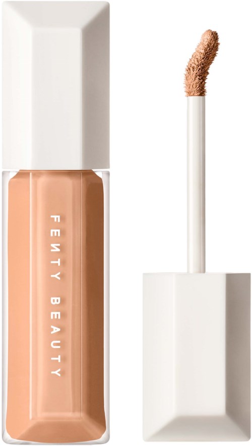 En flaska med Fenty Beauty flytande läppstift med vit kork och borstavtryckare.