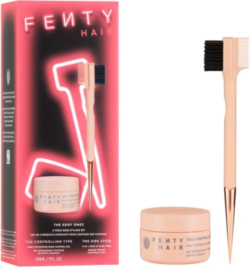 A pink and beige hair styling tool with a side brush, in packaging labeled 'Fenty Hair' and 'The Edgy One.'