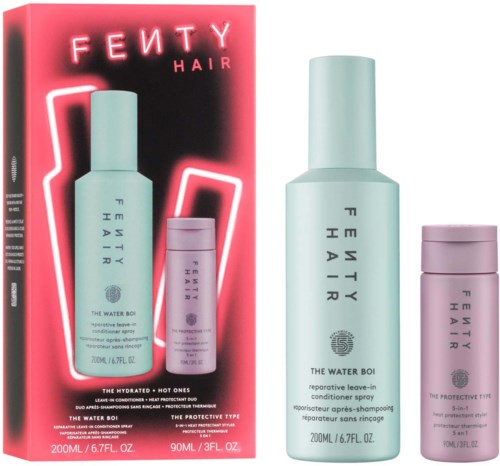 Fenty Hair product bottles with pink and light purple packaging, on advertising card with neon pink and white text.