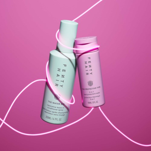 Two Fenty Skin bottles, one pink and one mint, twist together with pink and white light lines against a pink background.