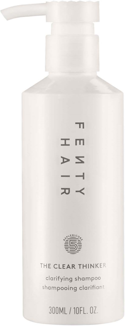 A white bottle with a pump labeled 'Fetty Hair' and 'The Clear Thinker' clarifying shampoo, 300ml.