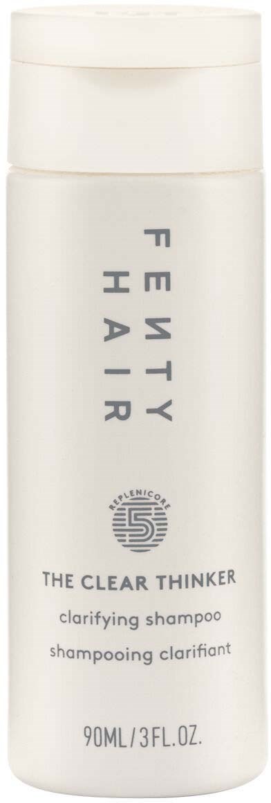 White bottle of clear shampoo with gray text, claiming to clarify hair. Contains 90ml or 3 fl oz.