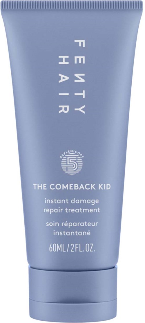 A blue tube labeled 'Fenty Hair' for damage repair, with additional text about instant treatment, contains 60ml.