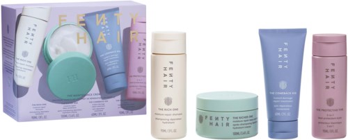 Set of hair care products in pastel colors, including shampoo, conditioner, and styling cream, with packaging in purple, blue, green, and pink.