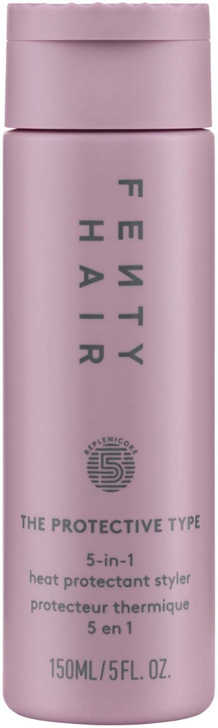 A pink bottle with black text, labeled 'FENTY HAIR' and 'THE PROTECTIVE TYPE 5-in-1 heat protector spray.'