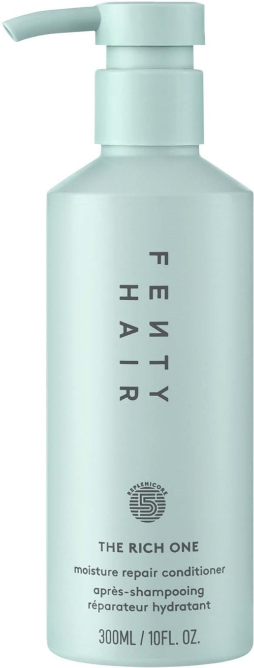 A pale blue bottle with a pump, labeled 'FEEL GOOD HAIR,' for moisturizing and repairing hair. 300ml.