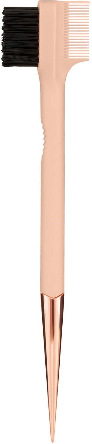 A dual-ended eyebrow pencil with a brush on one side and a pointed tip on the other, in rose gold color.