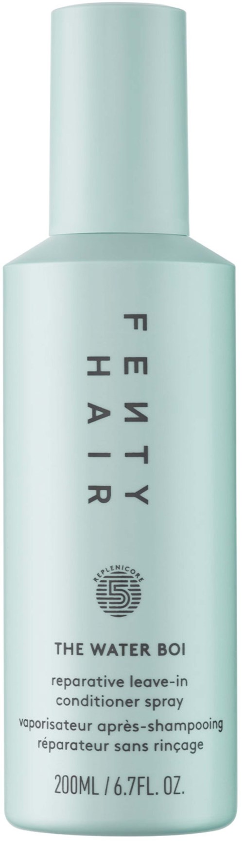 A light blue bottle of Fenty Hair water spray with black text and logo, 200ml.