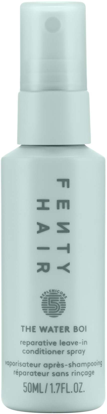 A Fenty Hair spray bottle labeled 'The Water Boi' with a simple white design and a spray cap.