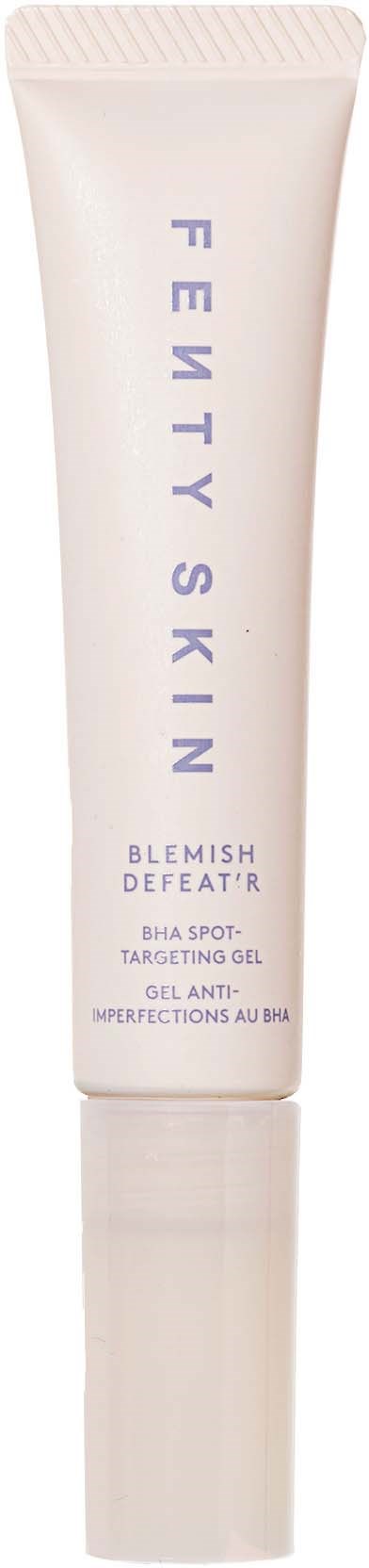 A white tube labeled Fenty Skin Blemish Defeat with product details, designed for skincare.