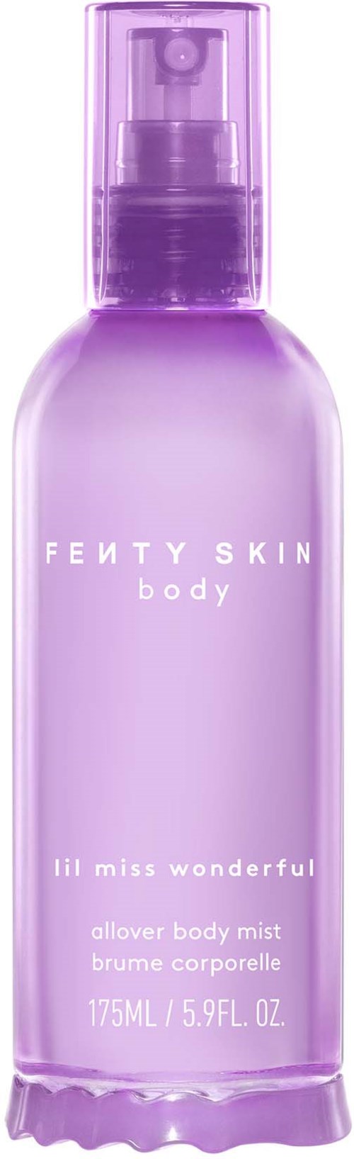 Lilac-colored Fenty Skin body spray bottle with spray nozzle, labeled lil miss wonderful, 175ml capacity.