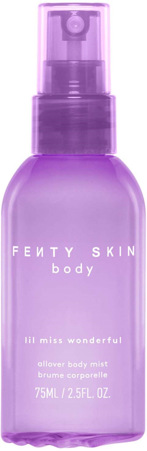 Lilac-colored body spray bottle with white text, labeled Fenty Skin Body Lil Miss Wonderful glover body mist, 75ml.
