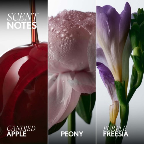 Three flowers: a red apple-scented candle, a pink peony with water droplets, and purple freesias. Each flower is close-up.