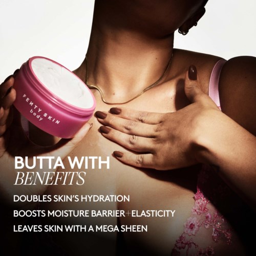 A person holding a pink jar of skincare cream with text about benefits and hydration on the left side.