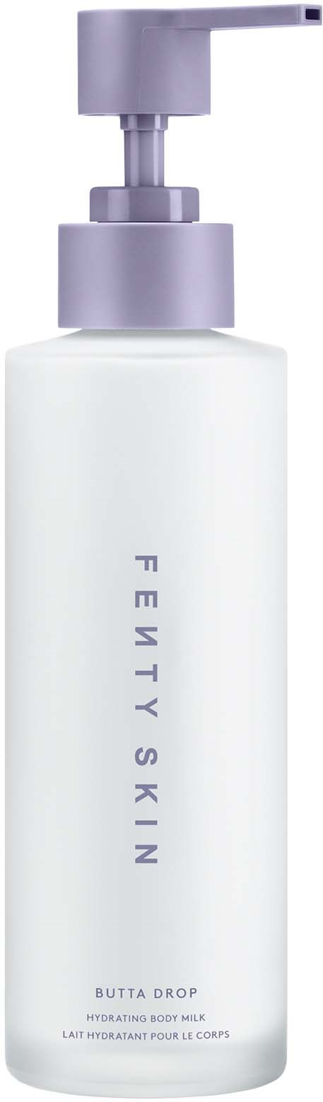 A white bottle with a purple pump labeled 'Fenty Skin Butta Drop' for moisturizing. Simple design.