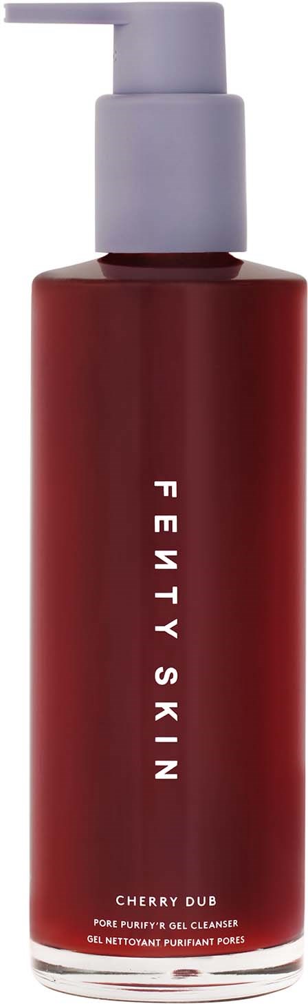 Red bottle with white pump labeled 'Fenty Skin Cherry Dub' for pore cleansing. Simple, sleek design.