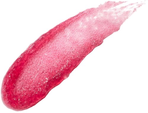 A pinkish-red, textured smear with a pointed tip and powdery effect on white background.