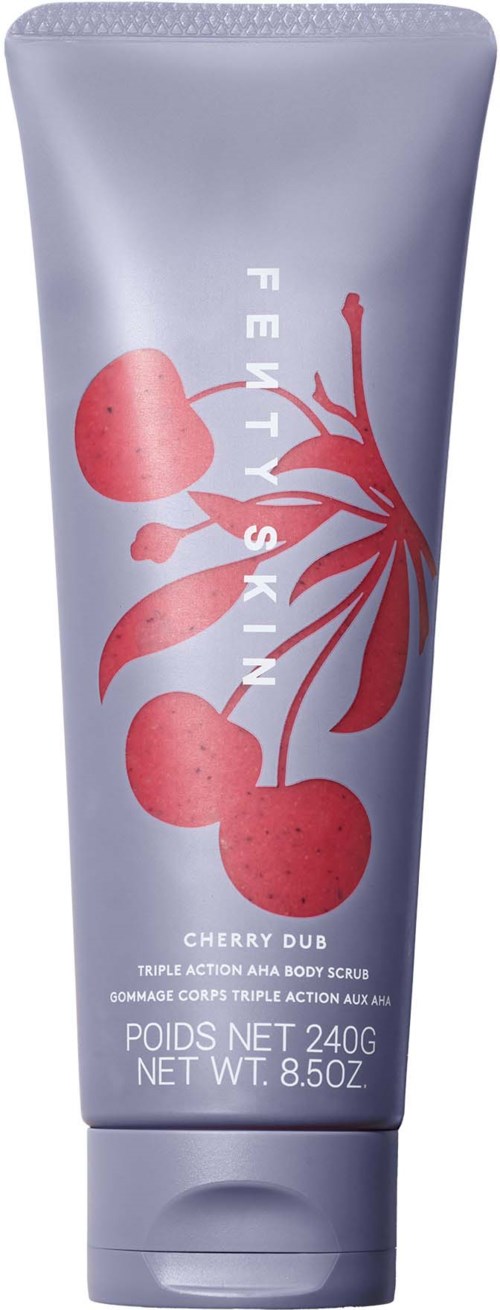 Pink cherries illustration on a silver tube, labeled Fenty Skin Cherry Dub body scrub, 240g.