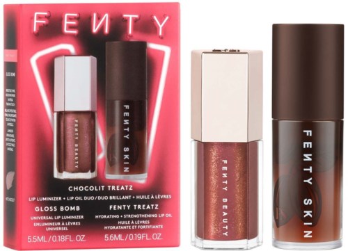 Three Fenty Beauty lip glosses, one box with a pink background and neon sign, and one white and brown tube.