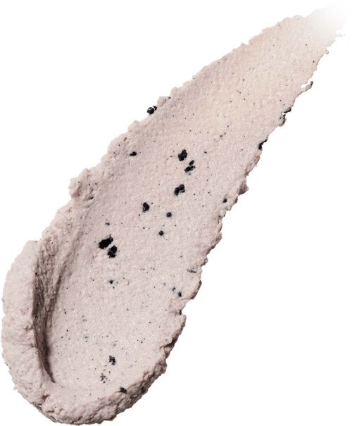 A scoop of vanilla ice cream with black specks, curved shape, on a white background.