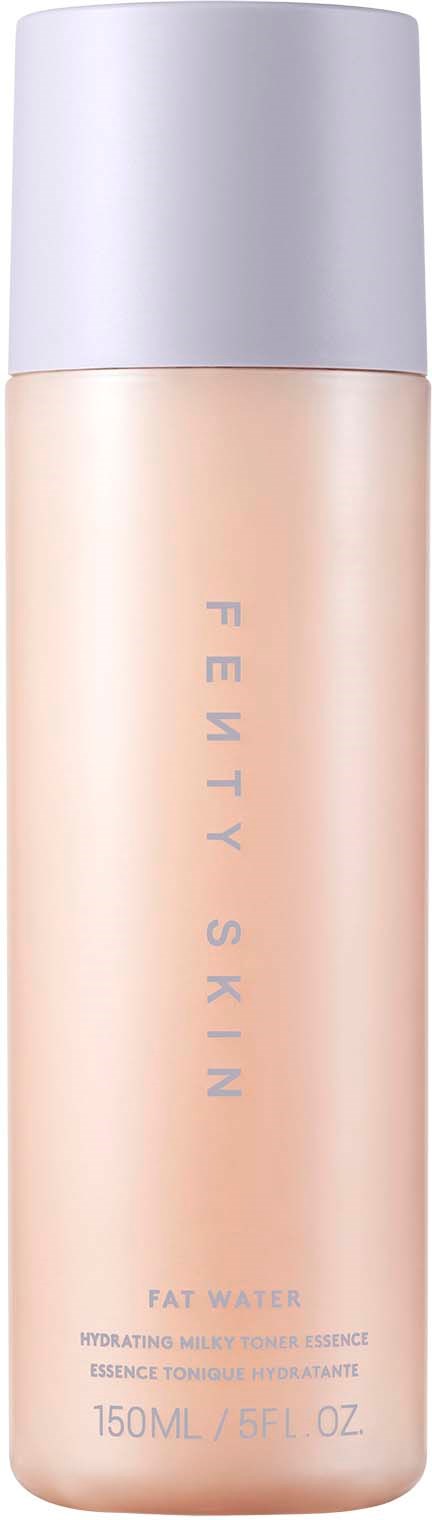 A tall bottle labeled 'Fenty Skin Fat Water,' containing hydrating mist, with a light pink liquid inside and a silver cap.