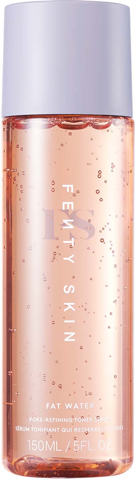 A clear bottle with pink liquid and bubbles, labeled 'Fenty's Skin' and 'Fat Water' on it.