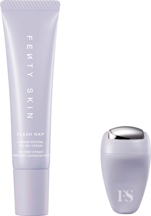 A tube of eye gel cream and a small silver and white device, both from Fenty Skin, for eye care.