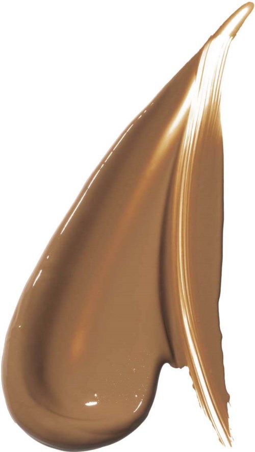 A thick chocolate or caramel swirl with a glossy surface and pointed tip.
