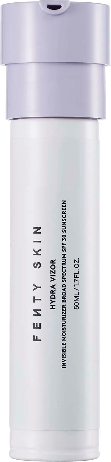 A white cylindrical bottle with a purple cap, labeled 'Fenty Skin Hydro Visor SPF 50 Sunscreen'.