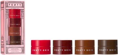 Four small jars of Fenty Skin skincare set in different shades, with packaging on the left.