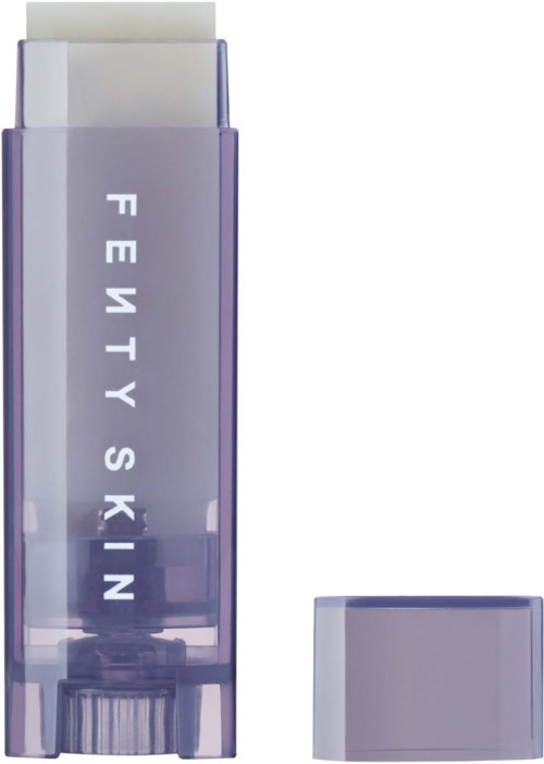 A skincare product container with the words "FRETTY SKIN" on the front, purple and white colors, and a cap.
