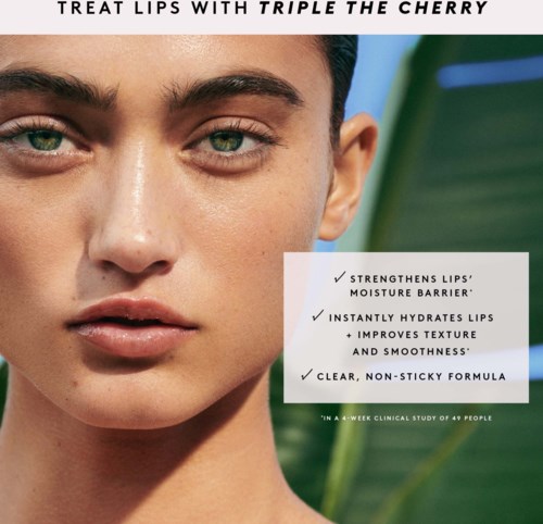 Close-up of a woman's face with focus on lips; the image promotes a lip product, highlighting benefits like moisture and smoothness.