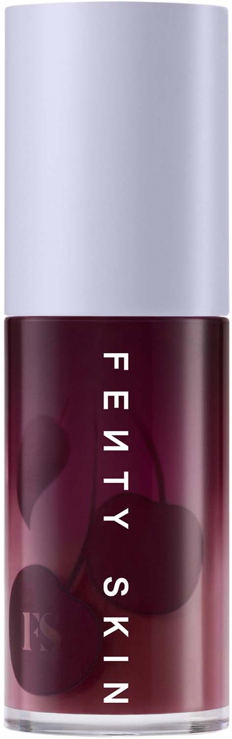 A lipstick tube with a silver cap and dark red color. The brand name 'Fenty Skin' is written vertically on it.