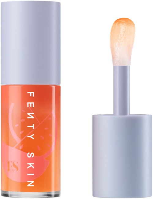 Lip gloss tube with an applicator, labeled 'Fenty Skin,' in orange and gray colors.