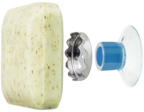 A small cheese wheel, a metal part, a blue roller, and a clear plastic cap. Likely a kitchen or craft tool.
