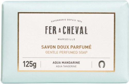 Gentle, 125g tangerine-scented perfumed soap in light blue packaging with black text.