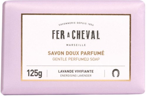 Pink soap packaging with lavender scent, 125 grams, and caring symbols on it.