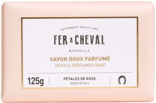 Gentle scented soap with rose petals, 125 grams, logo includes a horse symbol, from Marseille, since 1856.