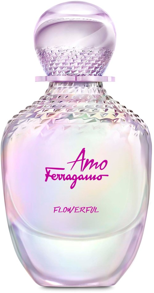 Tuoksupullon, jossa pyöreä, helmiäishohtoinen lasi ja pinkkiä tekstiä, jossa lukee "Amo Ferrari" ja "Flowery."