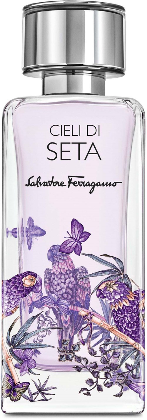 Parfyymipullo, jossa on violetteja kukkia ja perhosen kuvia, nimeltä CIELI DI SETA Salvatore Ferragamo.