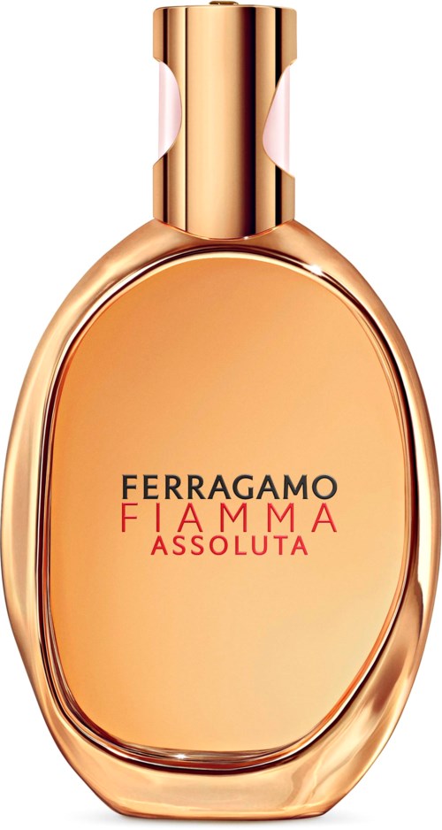 Parfyymipullo, jossa kultainen suutin ja kovera muoto, merkiltään FERRAGAMO FIAMMA ASSOLUTA.