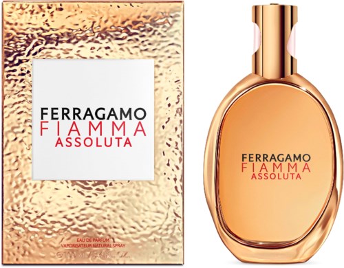 Hajuvesipullo ja laatikko kultaisena ja vaaleanpunaisena, merkinnällä Ferragamo Fianna Assuluta.